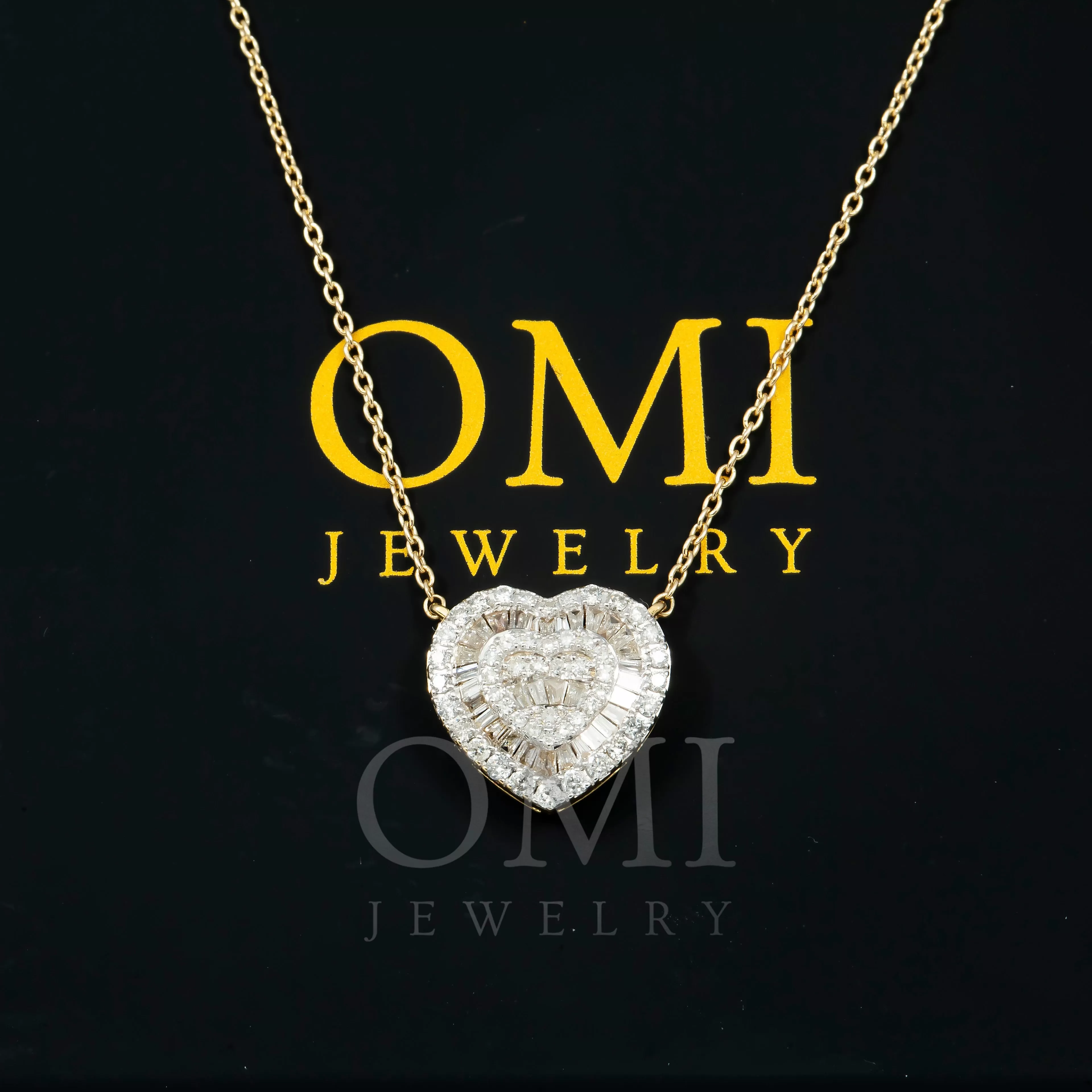 14K GOLD BAGUETTE AND ROUND DIAMOND HEART NECKLACE 0.63 CT