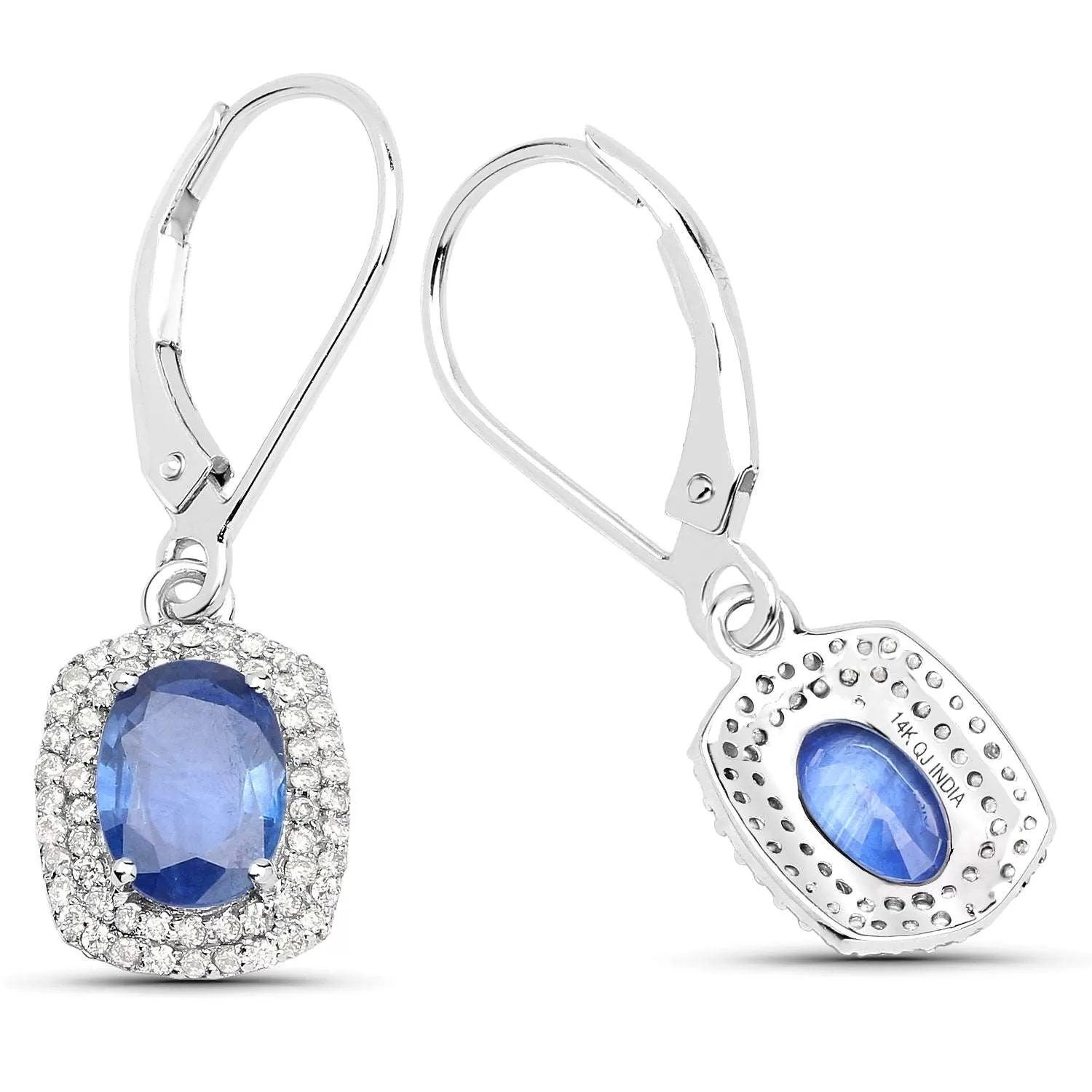 14K White Gold 2.36 Carat Genuine Blue Sapphire and White Diamond Earrings