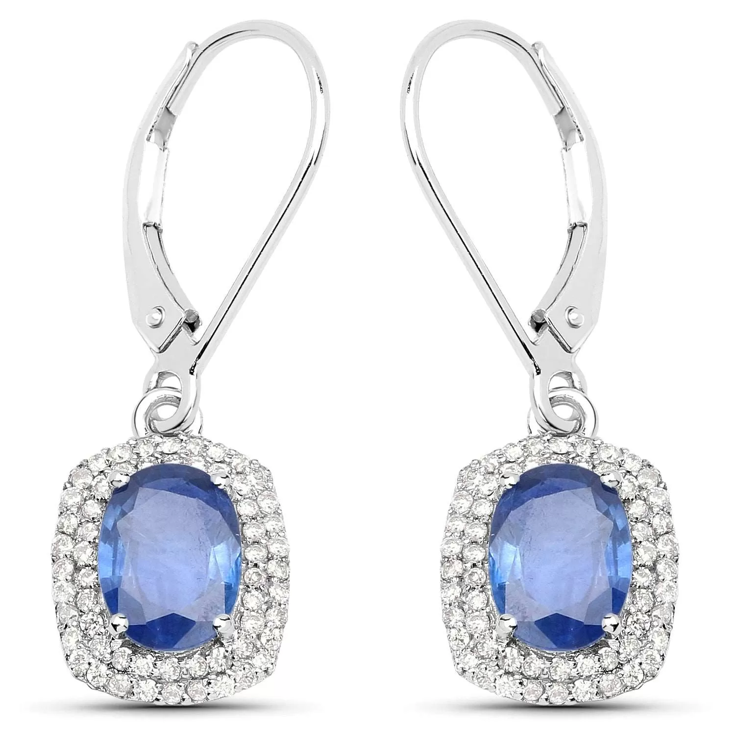 14K White Gold 2.36 Carat Genuine Blue Sapphire and White Diamond Earrings