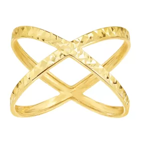 14K Yellow Gold Diamond Cut Cross Over X Design Fashion Ring