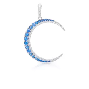 14KT White Gold Blue Sapphire Diamond Lunar Charm Pendant with Diamond Clip On Bail