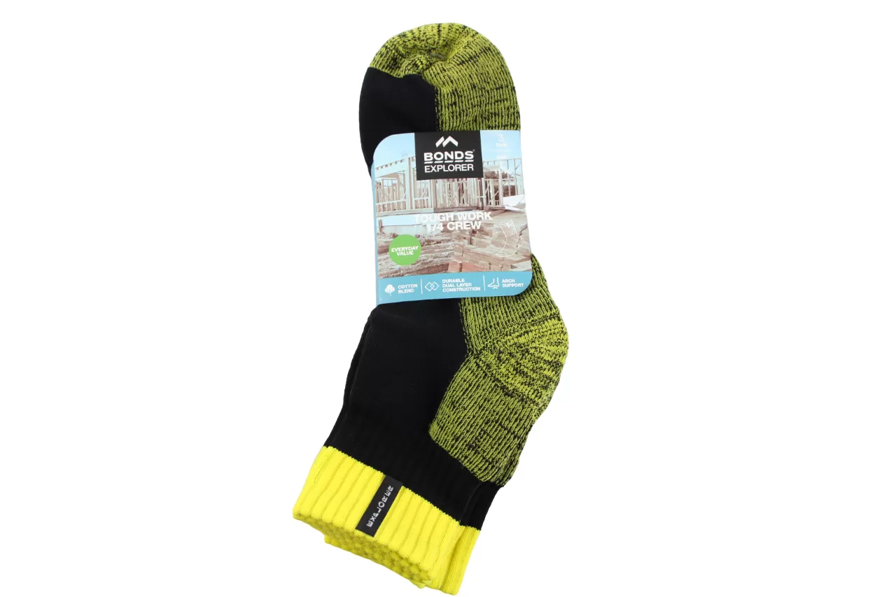 15 X Mens Bonds Explorer Tough Work Quarter Crew Cotton Socks - Black/Yellow