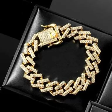 15mm Diamond Gold Rhinestone Cuban Link Bracelet