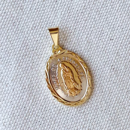 18k Gold Filled Tricolor Lady of Guadalupe Pendant In Gold, Rhodium and Rose Gold