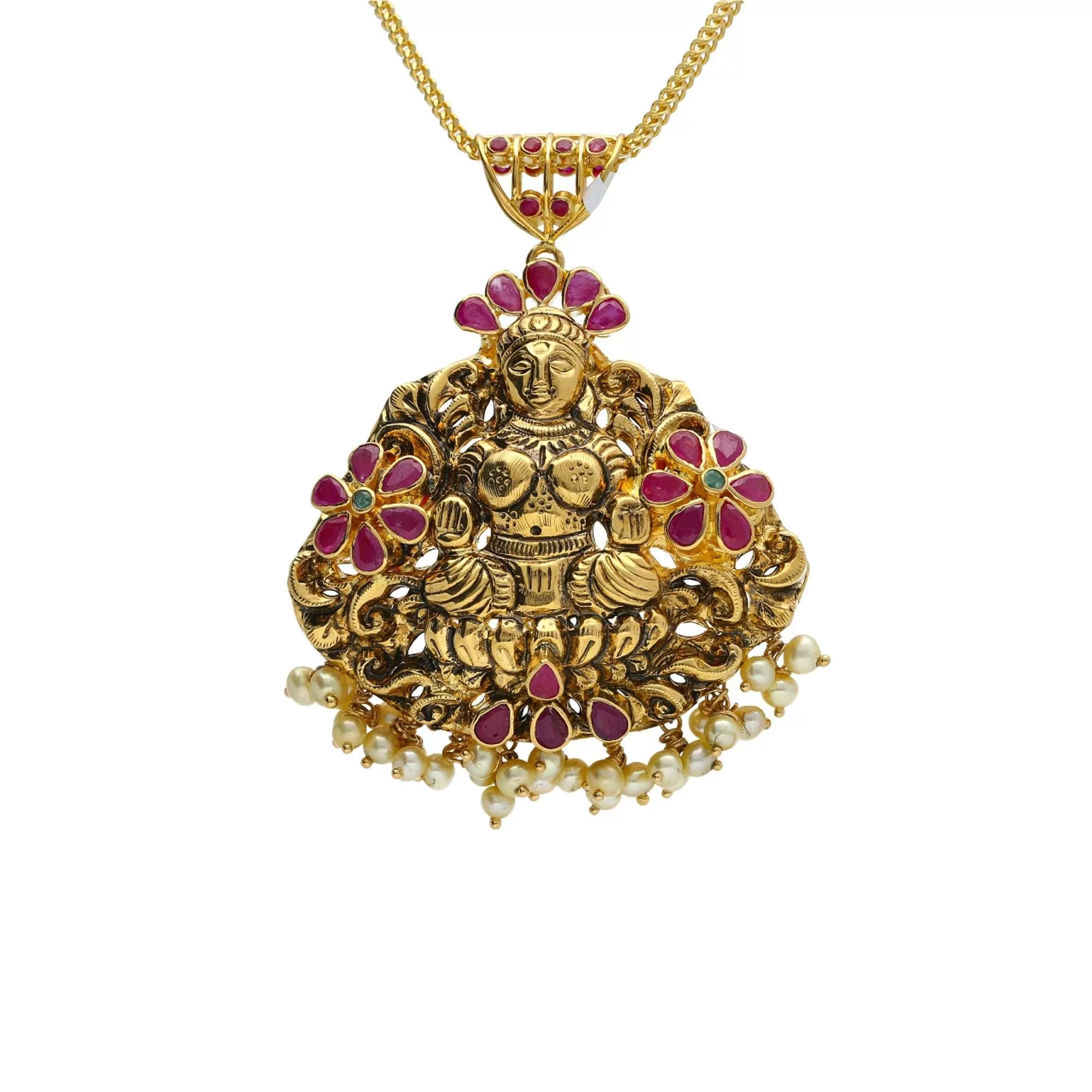 22K Yellow Antique Gold Laxmi Pendant W/ Emeralds, Rubies, Pearls & Flower Accents