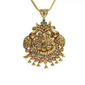 22K Yellow Antique Gold Laxmi Pendant W/ Rubies, Emeralds & Large Elephant Accents