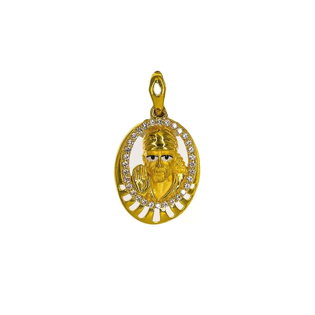 22K Yellow Gold Sai Baba Pendant W/ CZ Gems, Hand Paint & Round Frame