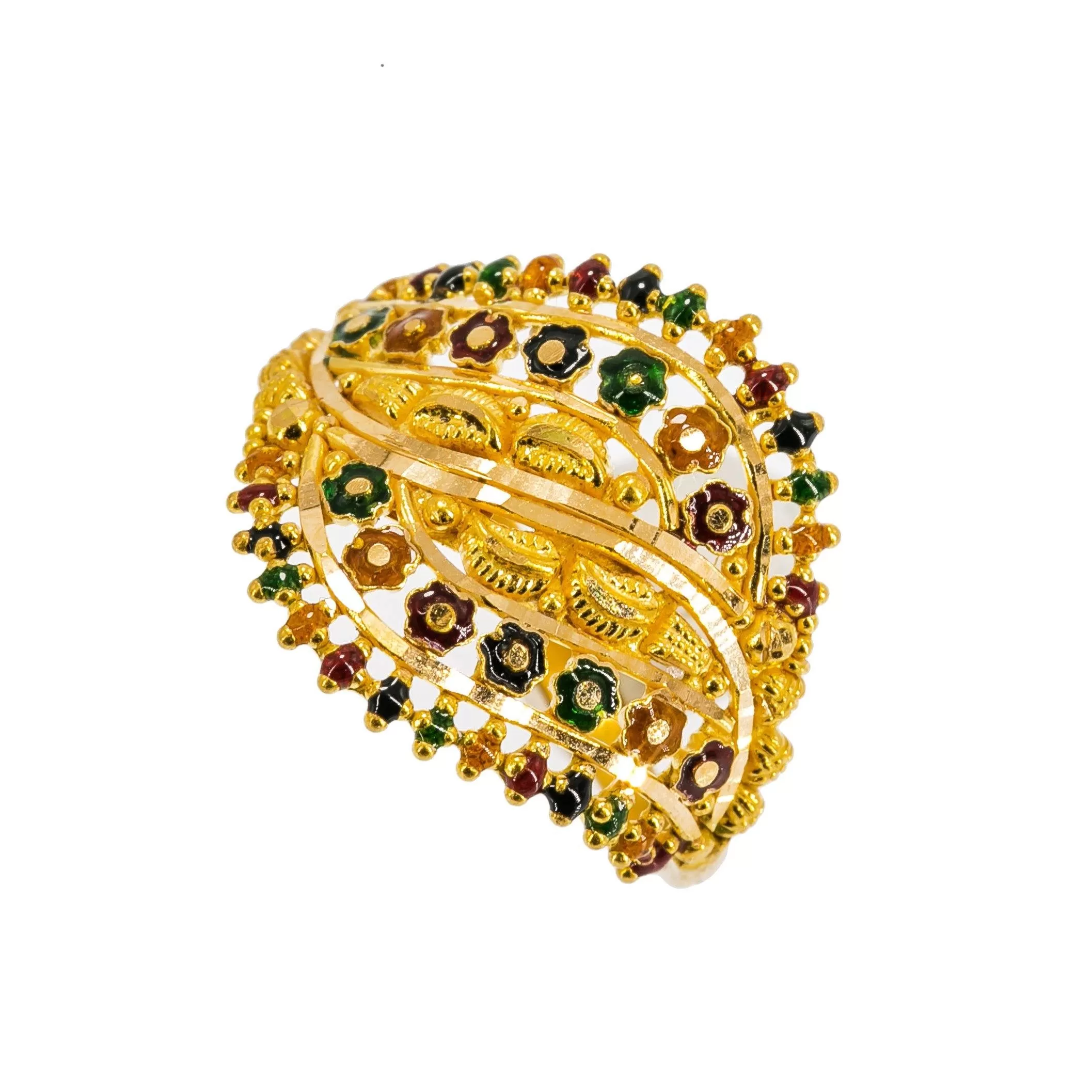 22K Yellow Gold Women's Enamel Ring W/ Side Swept Flower Accents