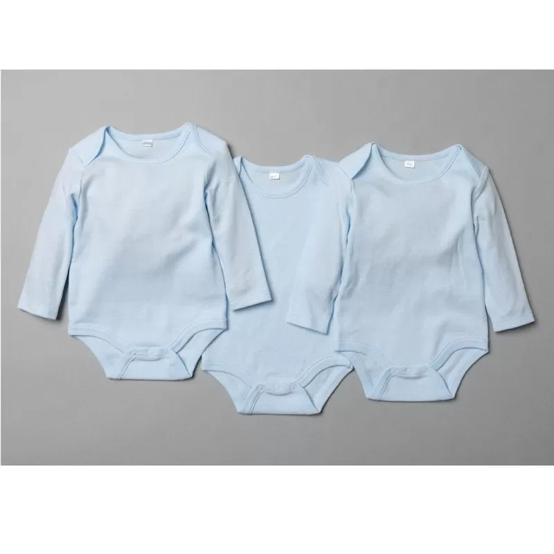 3 Pack Long Sleeve Bodysuits Plain Sky Blue (0-12 Months)-T20803