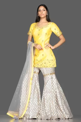 502499 Yellow and Grey Embroidered Cotton Silk Garara Suit