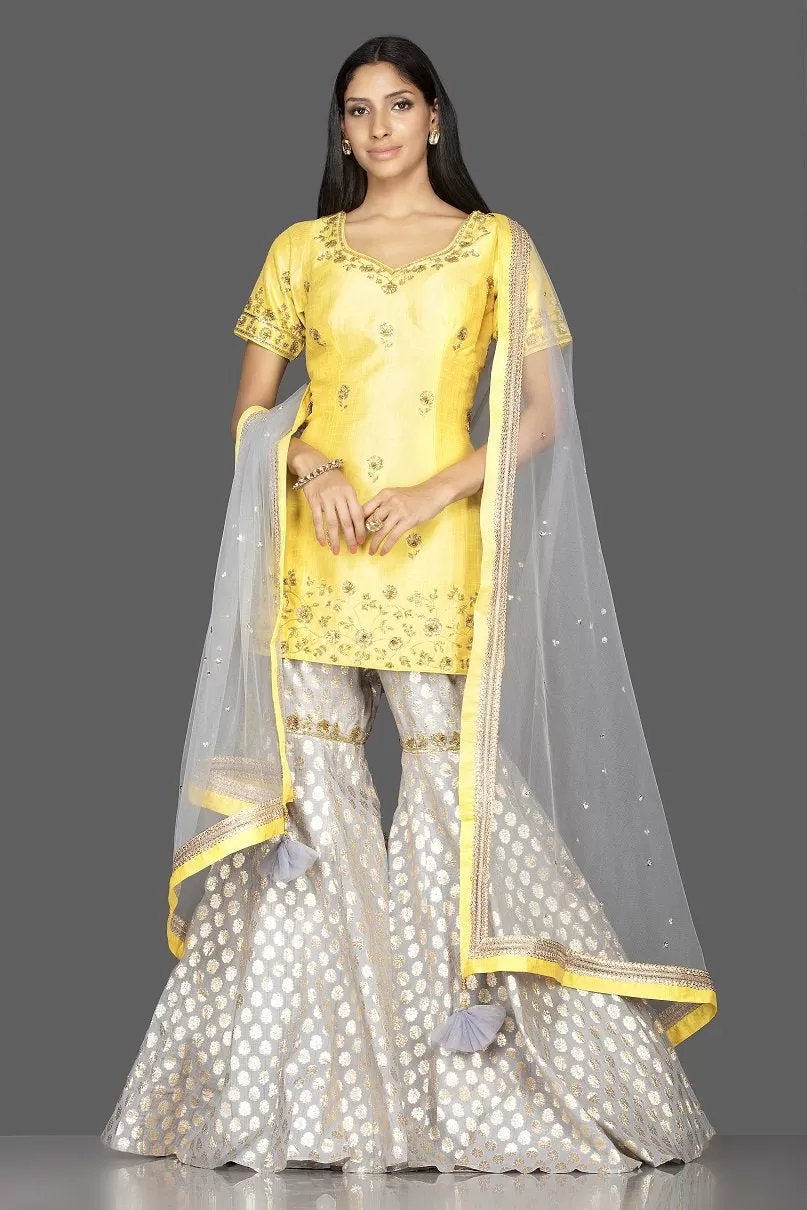 502499 Yellow and Grey Embroidered Cotton Silk Garara Suit