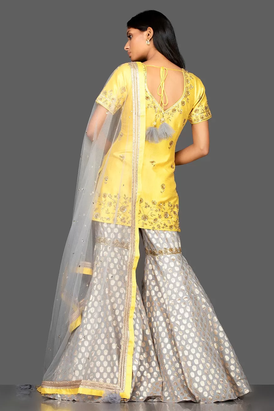 502499 Yellow and Grey Embroidered Cotton Silk Garara Suit