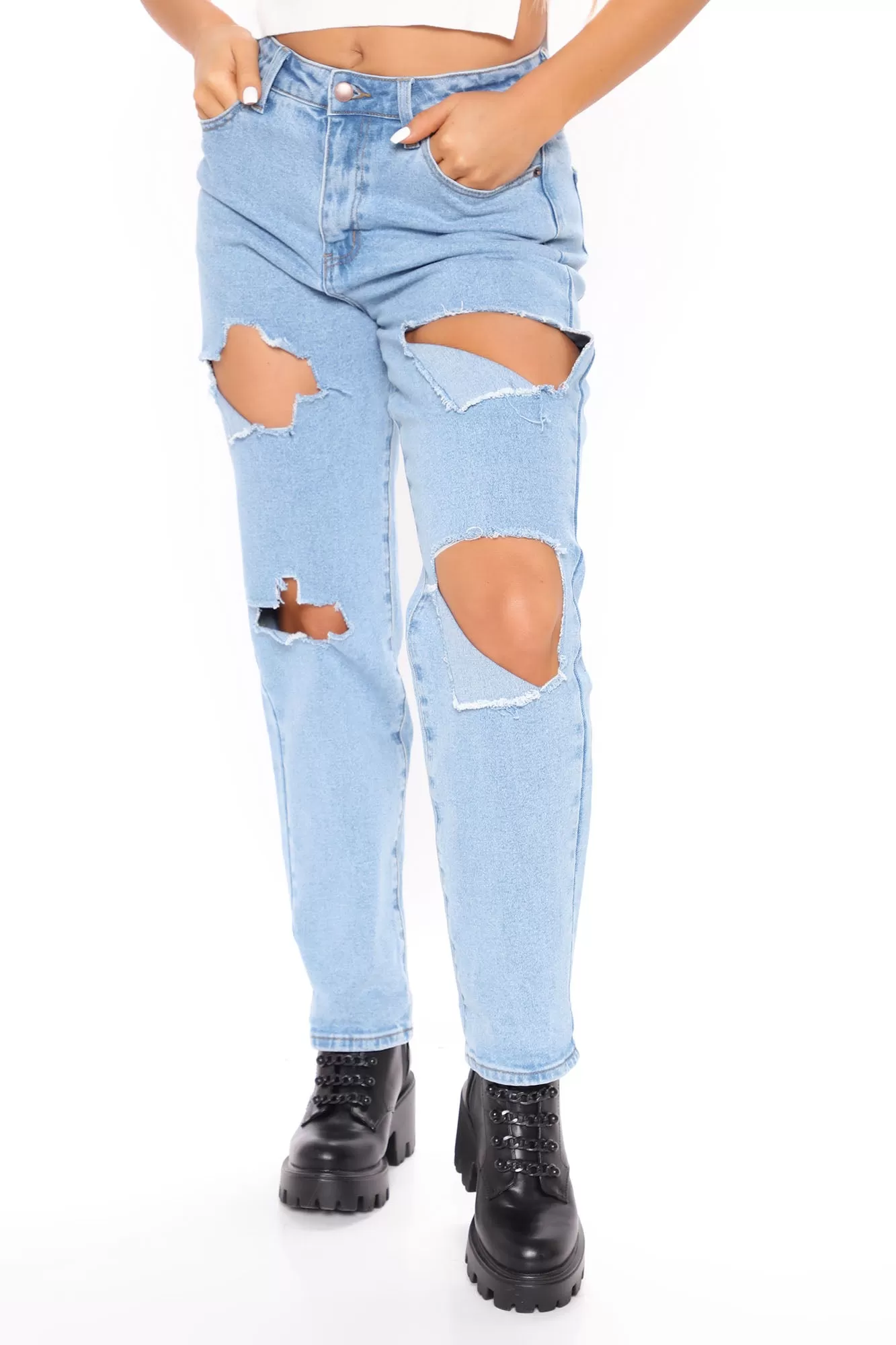 A Lil' Surprise Destroyed Mom Jeans - Light Blue Wash