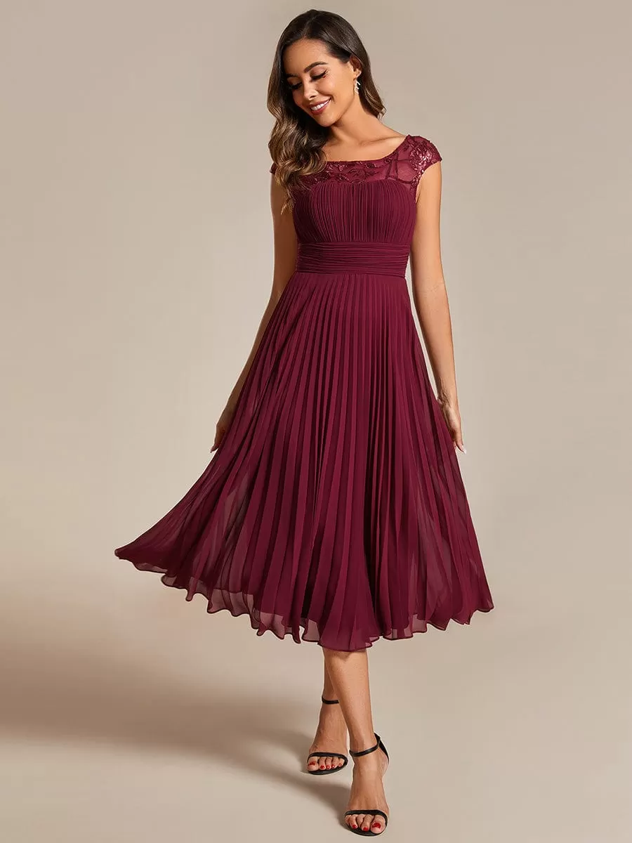 A-Line Pleated Chiffon Wedding Guest Dress with Round Neckline and Cap Sleeves