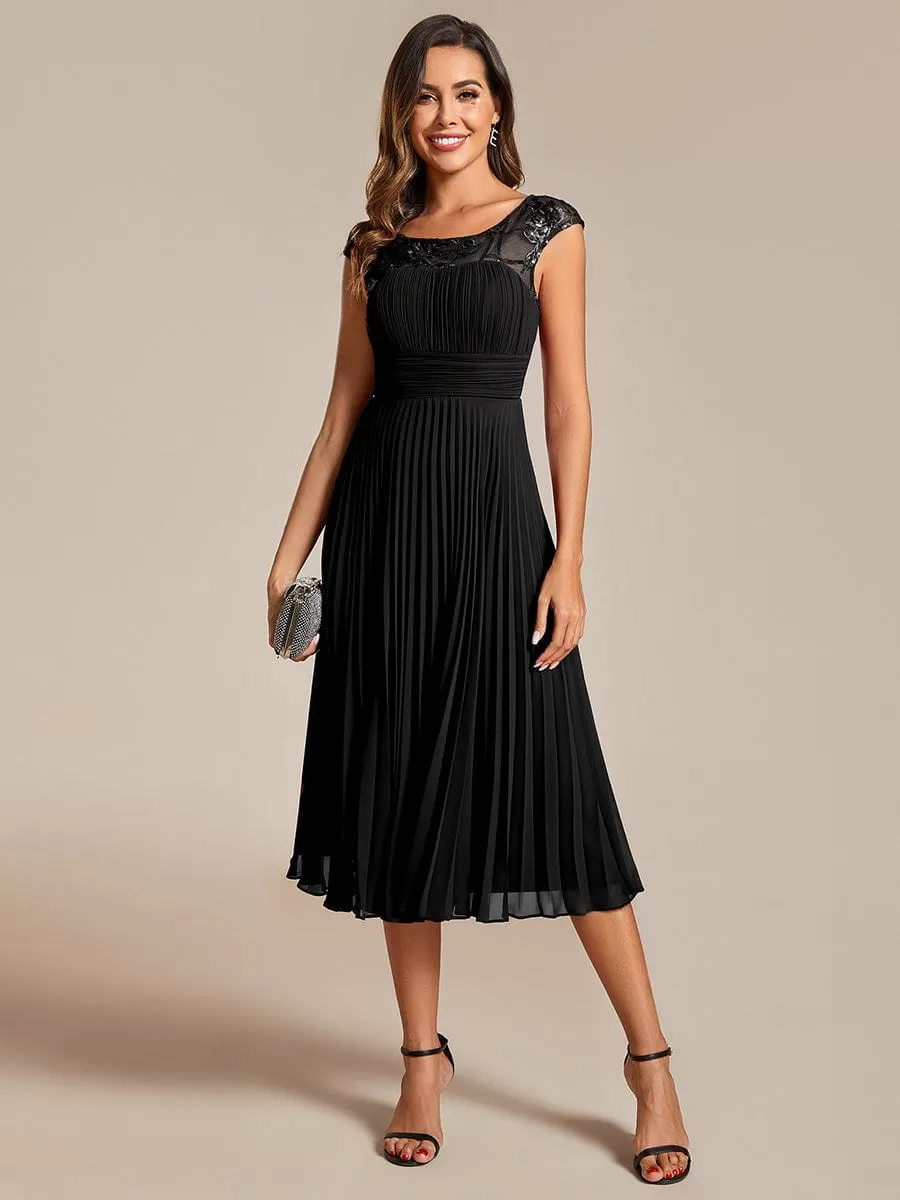 A-Line Pleated Chiffon Wedding Guest Dress with Round Neckline and Cap Sleeves