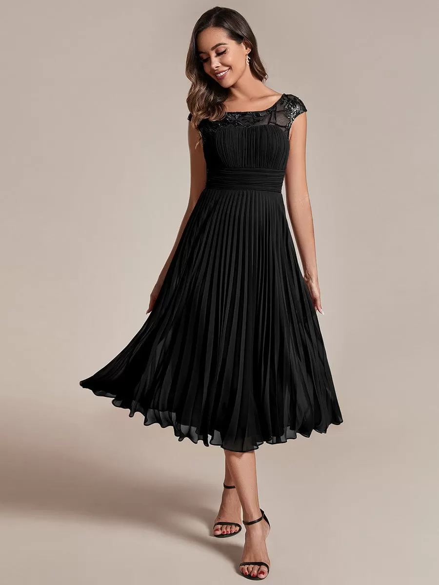 A-Line Pleated Chiffon Wedding Guest Dress with Round Neckline and Cap Sleeves