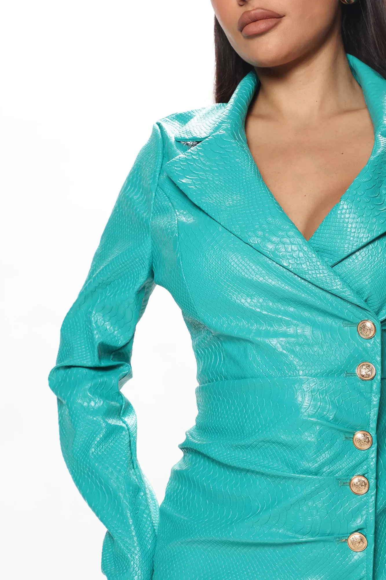 A Little Bossy PU Blazer Dress - Turquoise