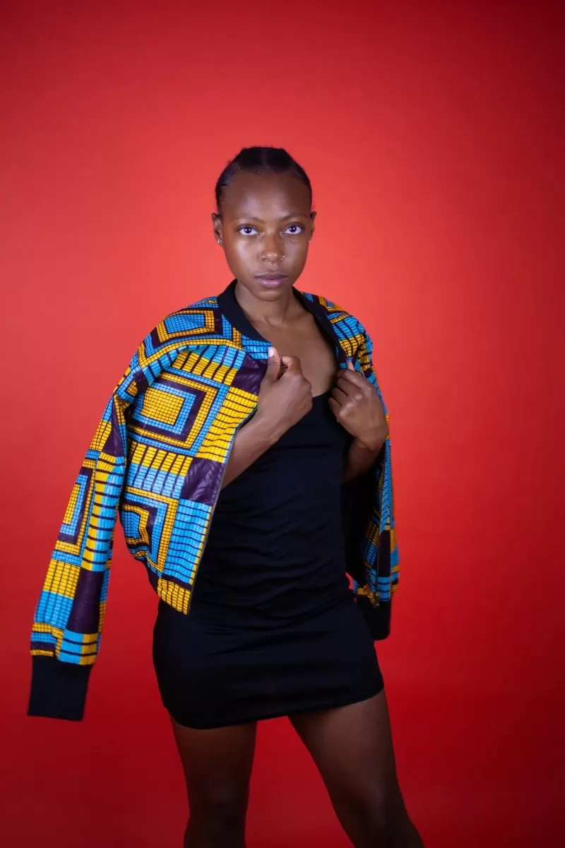 African Bomber Jacket In Electric Blue Kente Print