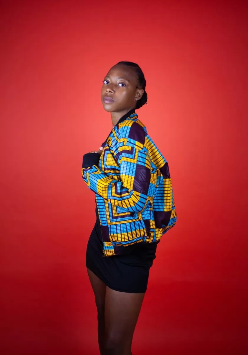 African Bomber Jacket In Electric Blue Kente Print