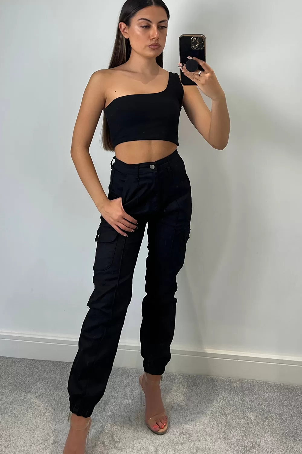 Ariaa Black One Shoulder Crop Top