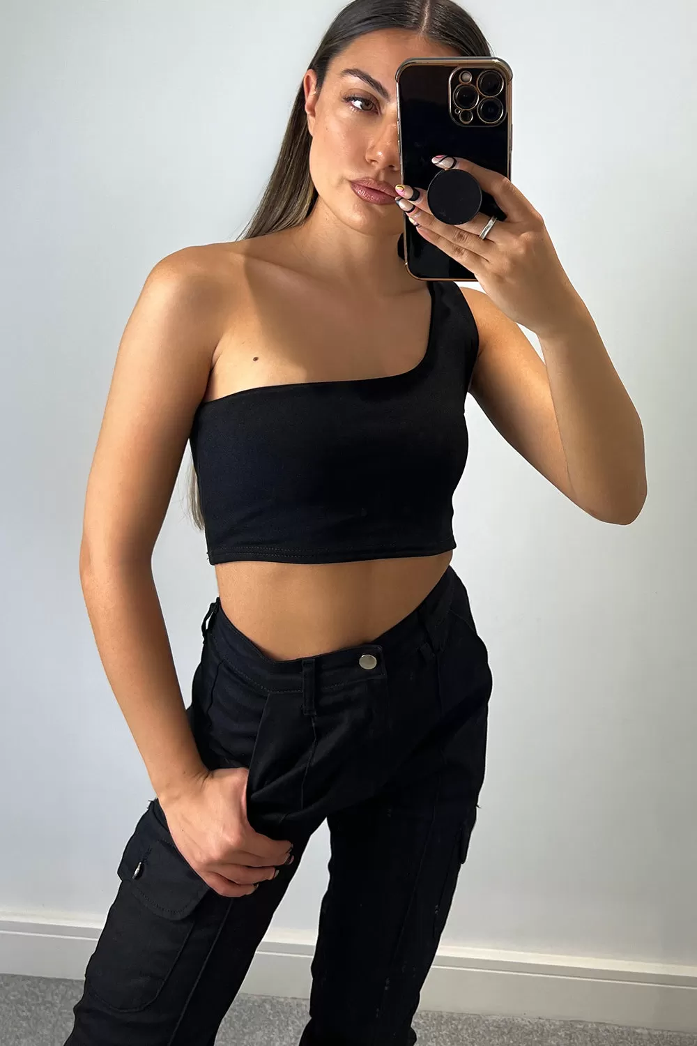 Ariaa Black One Shoulder Crop Top