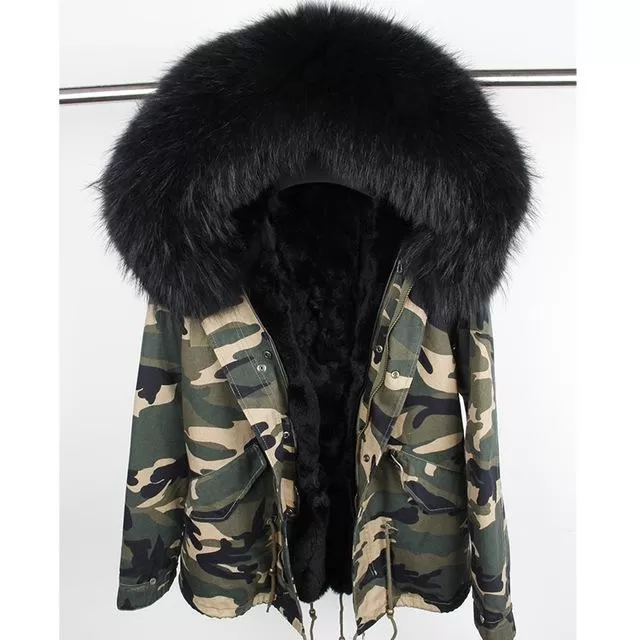 Army Green Large Detachable Hooded Coat For Women with Raccoon Fur Collar