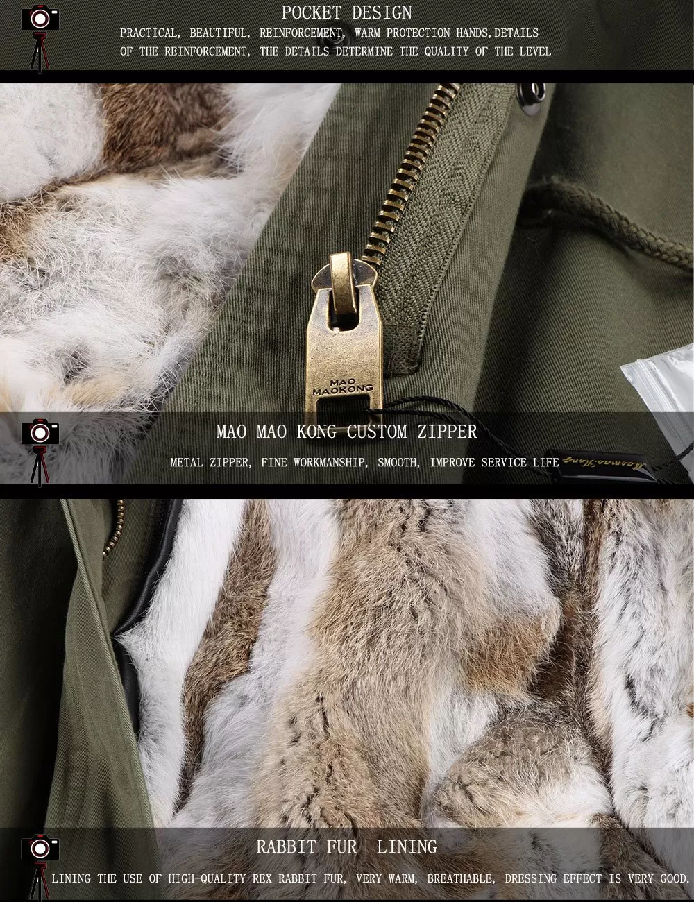 Army Green Large Detachable Hooded Coat For Women with Raccoon Fur Collar