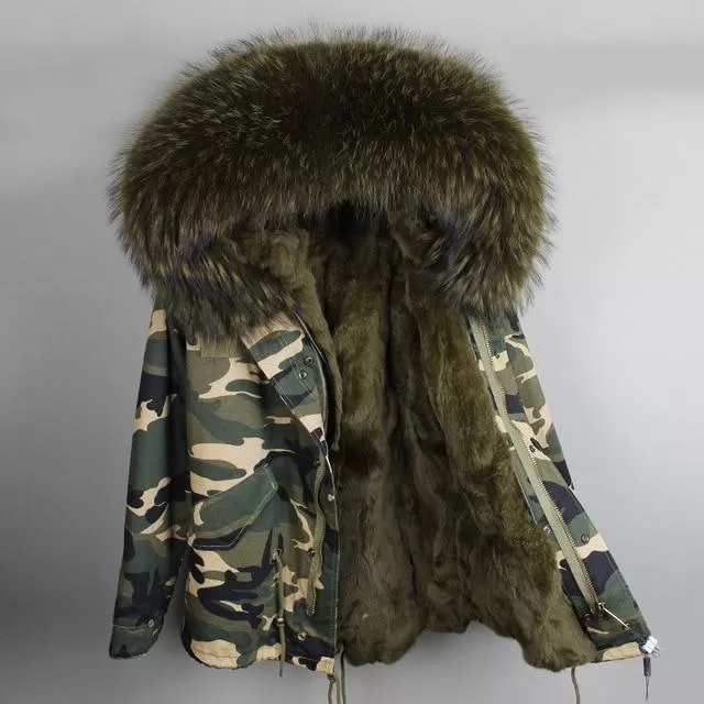 Army Green Large Detachable Hooded Coat For Women with Raccoon Fur Collar