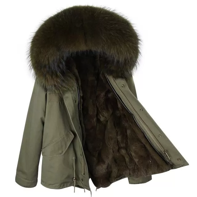 Army Green Large Detachable Hooded Coat For Women with Raccoon Fur Collar