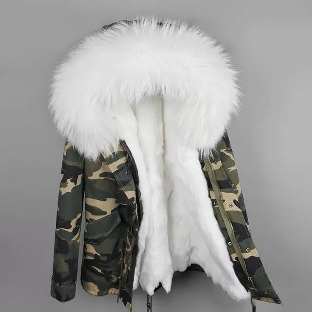 Army Green Large Detachable Hooded Coat For Women with Raccoon Fur Collar