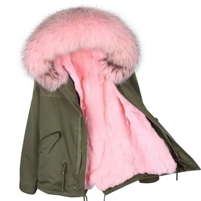 Army Green Large Detachable Hooded Coat For Women with Raccoon Fur Collar