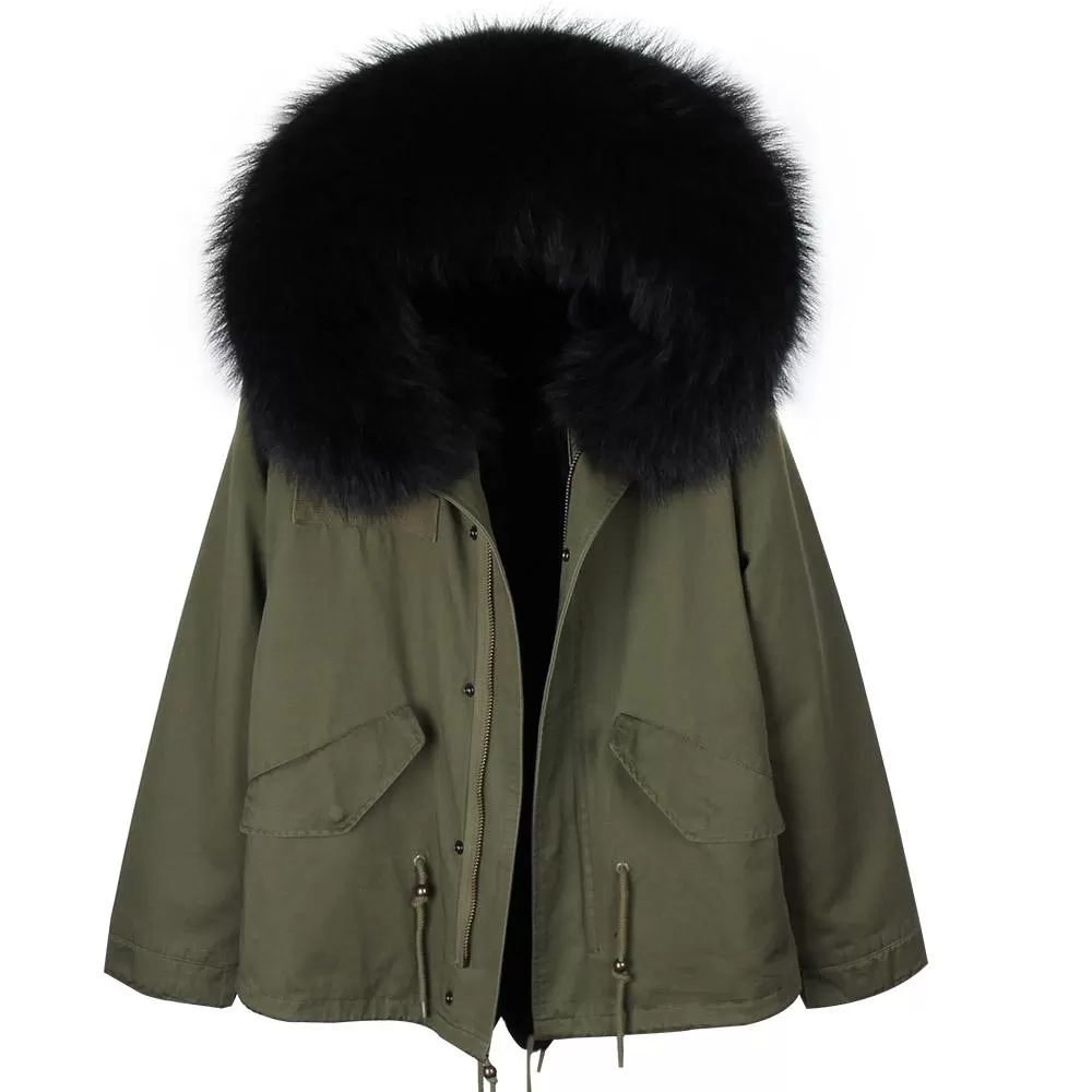 Army Green Large Detachable Hooded Coat For Women with Raccoon Fur Collar