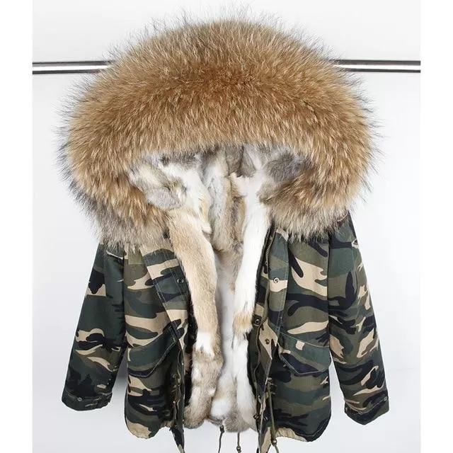 Army Green Large Detachable Hooded Coat For Women with Raccoon Fur Collar