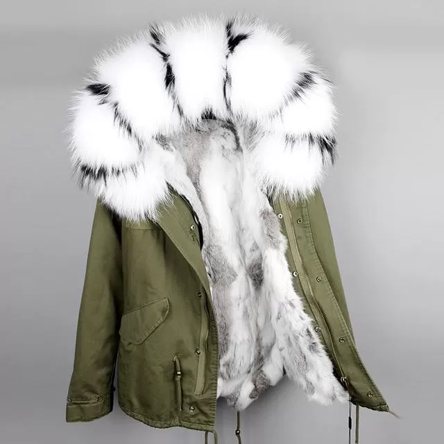 Army Green Large Detachable Hooded Coat For Women with Raccoon Fur Collar