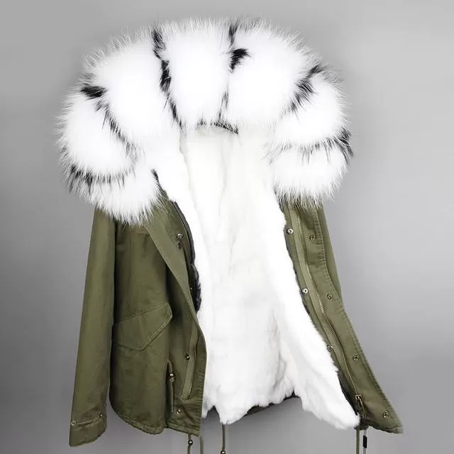 Army Green Large Detachable Hooded Coat For Women with Raccoon Fur Collar