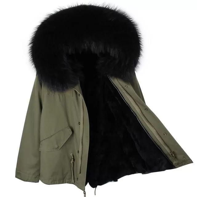 Army Green Large Detachable Hooded Coat For Women with Raccoon Fur Collar