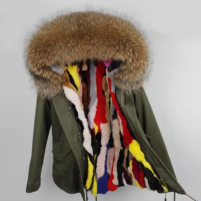 Army Green Large Detachable Hooded Coat For Women with Raccoon Fur Collar