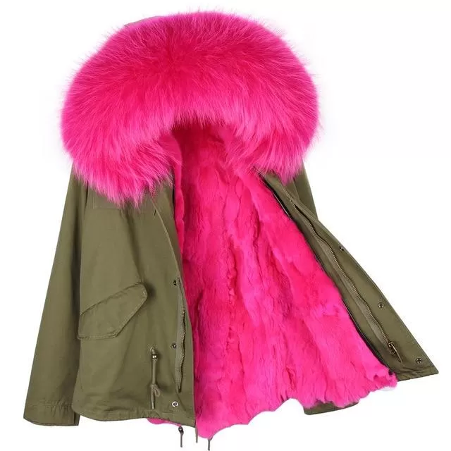 Army Green Large Detachable Hooded Coat For Women with Raccoon Fur Collar