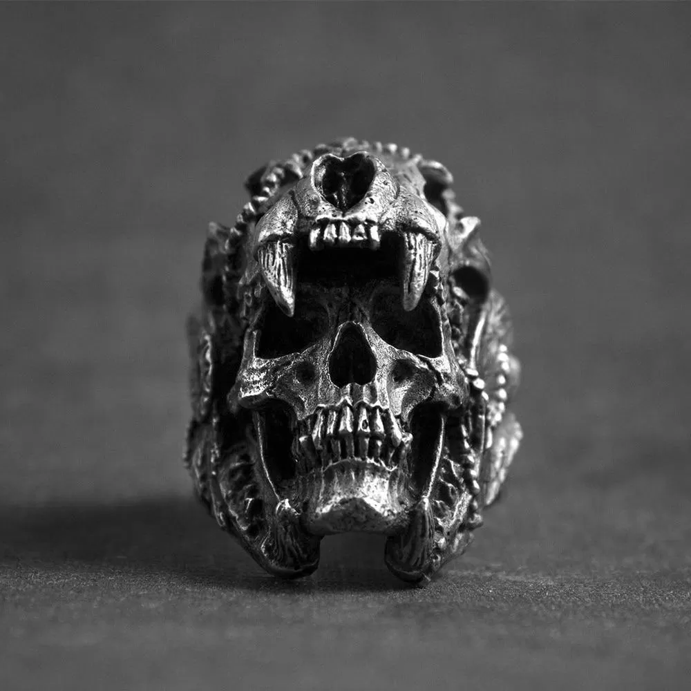 Aztec Jaguar Warrior Skull Ring