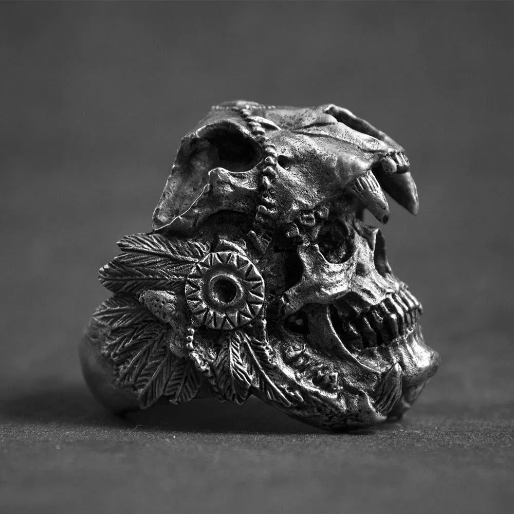 Aztec Jaguar Warrior Skull Ring