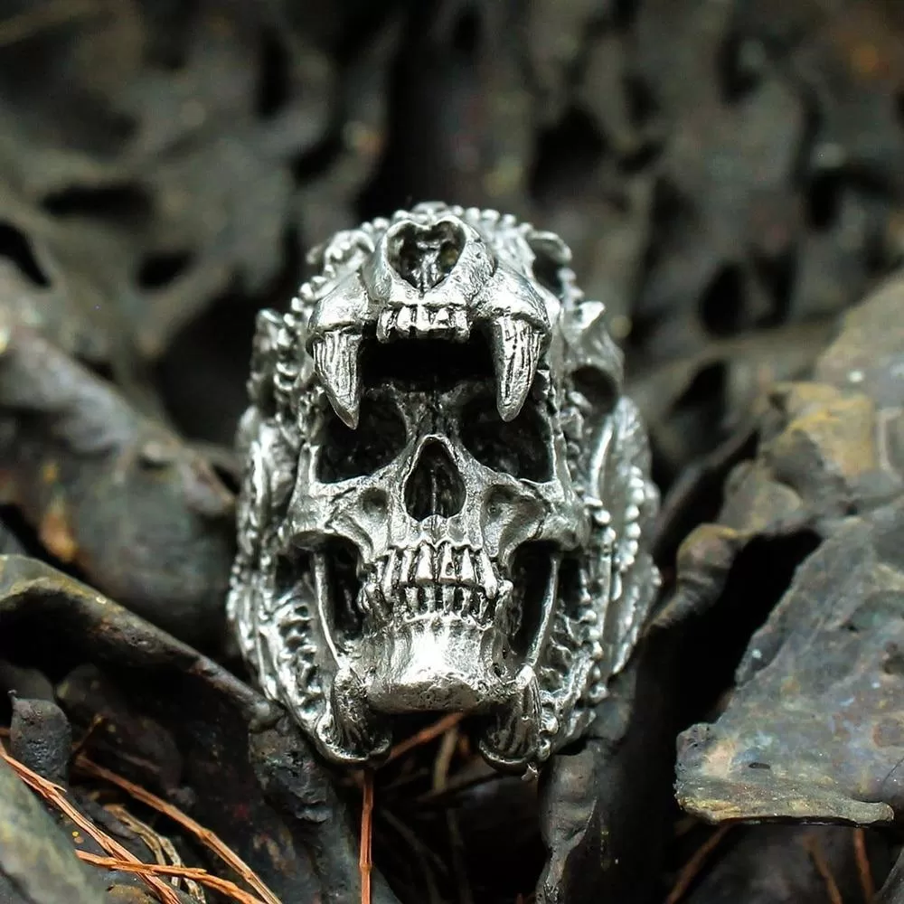 Aztec Jaguar Warrior Skull Ring