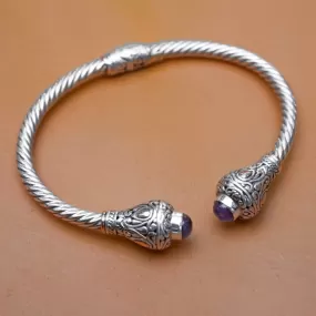 Bali Amethyst Cable Silver Bracelet, Gemstone Bracelet, Handmade Jewelry, Gift