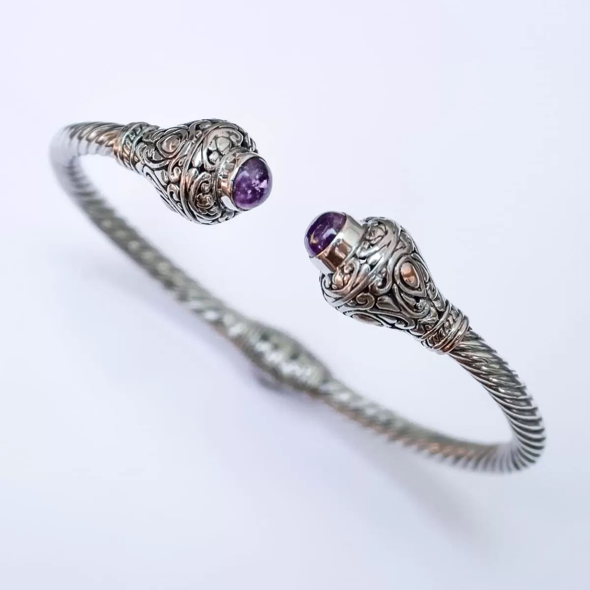 Bali Amethyst Cable Silver Bracelet, Gemstone Bracelet, Handmade Jewelry, Gift