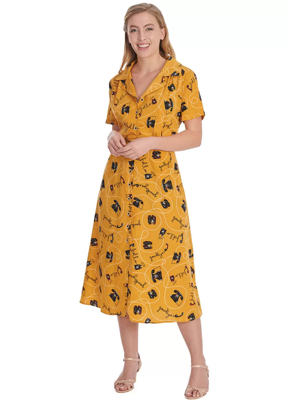 Banned Call Me Telephone 40's A-Line Dress Mustard