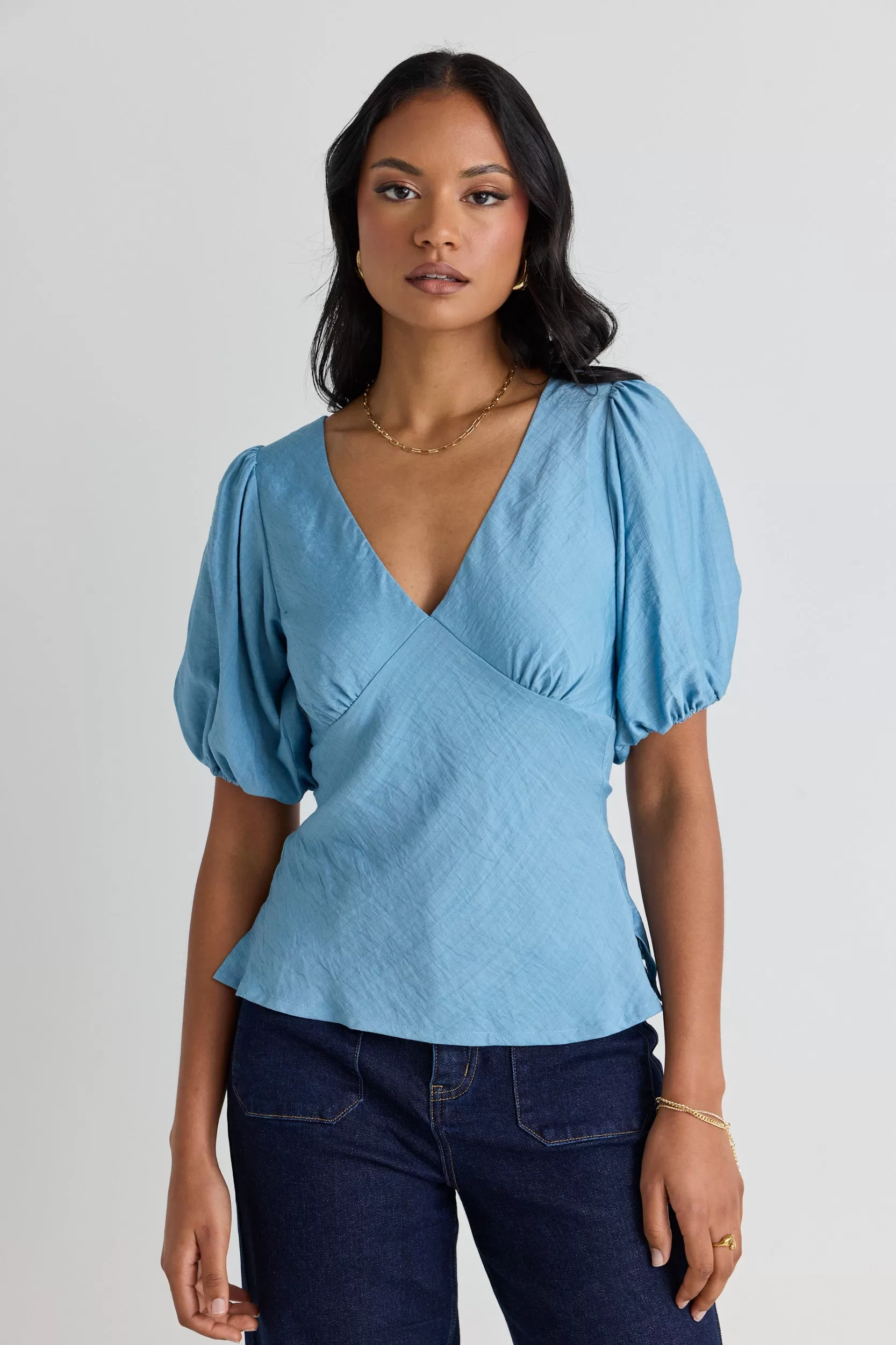 Basis Duck Egg Textured V Neck SS Top