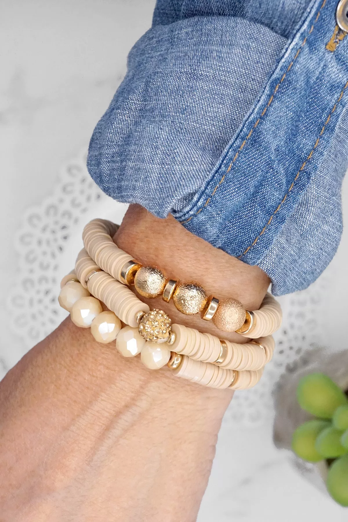 Beaded Bracelets stack in Neutral Beige Heishi Clay Gold tone Layering