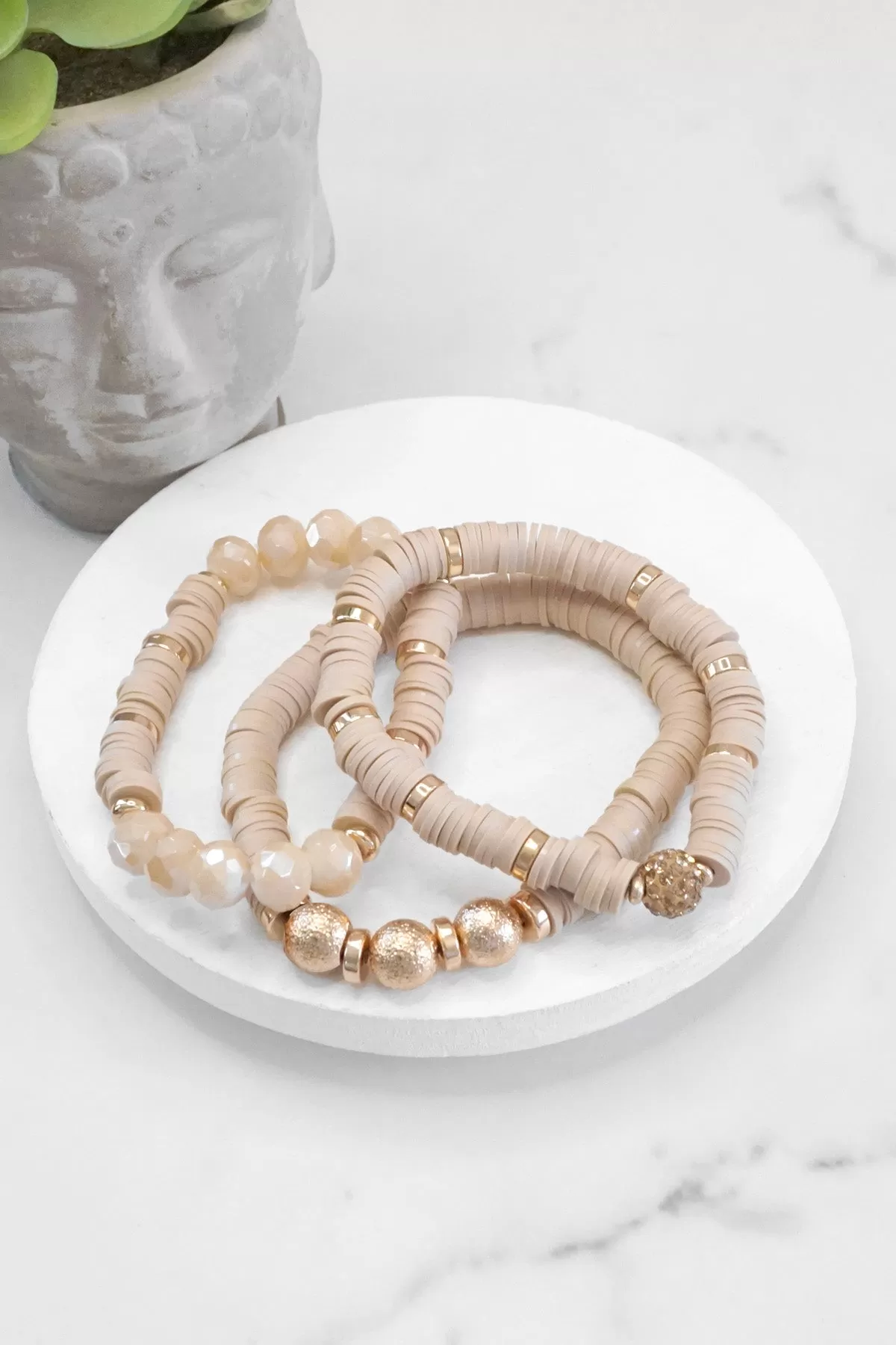 Beaded Bracelets stack in Neutral Beige Heishi Clay Gold tone Layering