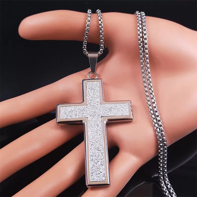 Big Wide Stainless Steel Micro-Pave Bling Cross Pendant Necklace