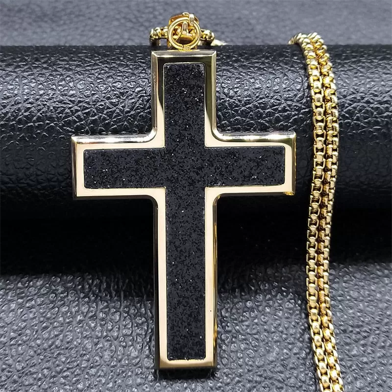 Big Wide Stainless Steel Micro-Pave Bling Cross Pendant Necklace