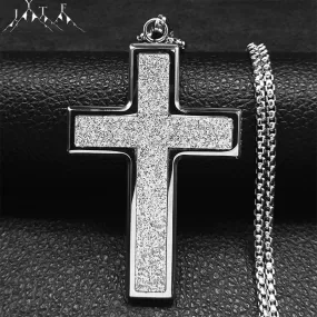 Big Wide Stainless Steel Micro-Pave Bling Cross Pendant Necklace